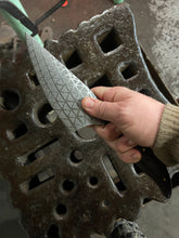 *AVAILABLE* Fancy Dancer Chef's knife with Triangular psychedelic Geometric etching and carved Morado handle.