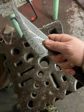 *AVAILABLE* Fancy Dancer Chef's knife with Fiddlehead fern etching and carved Morado handle.