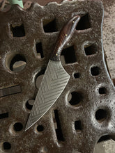 *AVAILABLE* Fancy Dancer Chef's knife with Herringbone etching and carved Morado handle.