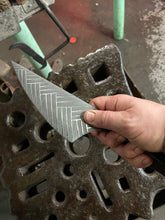 *AVAILABLE* Fancy Dancer Chef's knife with Herringbone etching and carved Morado handle.