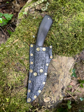 Refined double edged Corsair knife with abstract feather etching and African Blackwood handle
