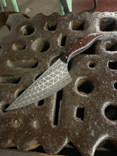 *AVAILABLE* Fancy Dancer Chef's knife with Triangular psychedelic Geometric etching and carved Morado handle.