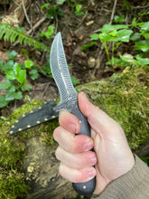 Refined double edged Corsair knife with abstract feather etching and African Blackwood handle