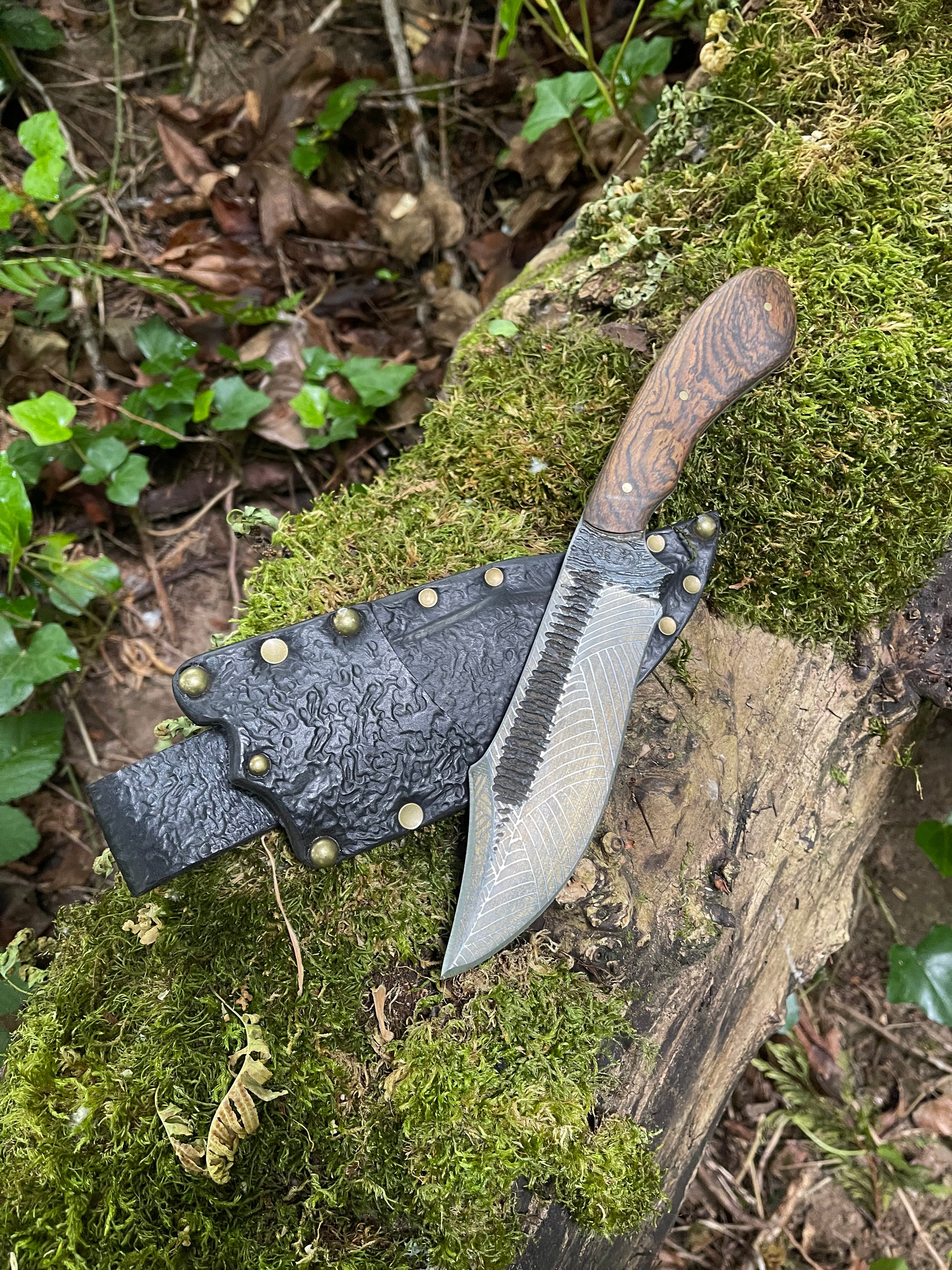 Brass brushed Fenrir bush knife with herringbone etching and