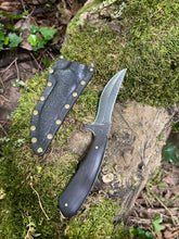 Refined double edged Corsair knife with abstract feather etching and African Blackwood handle