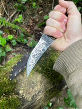 Refined Corsair knife with filigree etching and bocote wood handle
